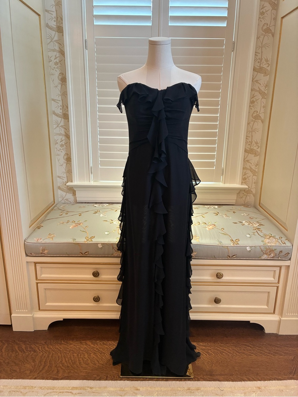 Badgley Mischka Strapless Black Ruffle Long Dress Evening Gown